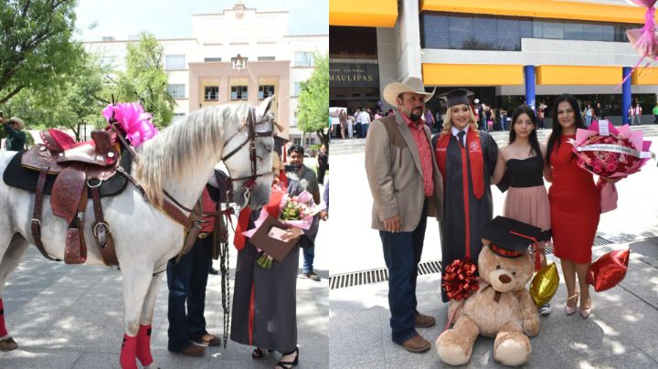 Padre llega con un caballo de regalo a graduación de su hija  en Tamaulipas