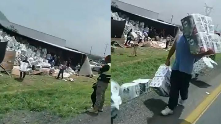 Tráiler ladea su carga de papel higiénico e inicia la rapiña, carretera Monterrey - Saltillo