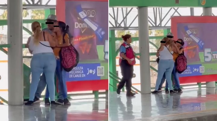 Mujeres pelean mientras abrazan a hombre en estación del Metro de Monterrey