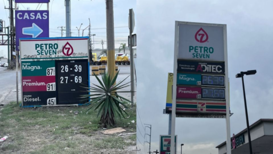 Las gasolinerías de Petro Seven detectadas manejando altos precios están ubicadas en Carretera a Miguel Aleman 1001 (izq) y  Carr. Miguel Alemán, esq. Blvd. Arco Vial 1000 (der), ambas en Apodaca.