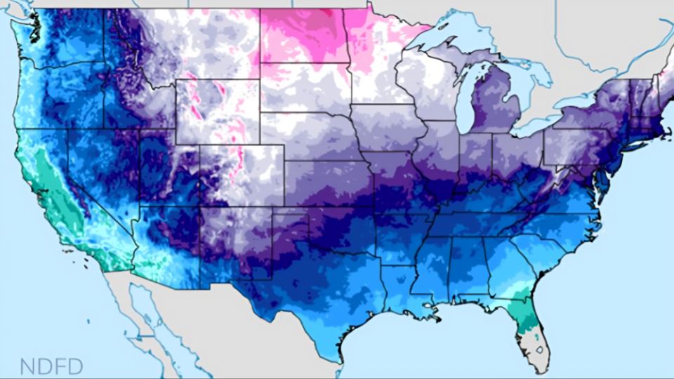 Mapa de Estados Unidos pintado de azul, color que refleja el aire ártico | NWS