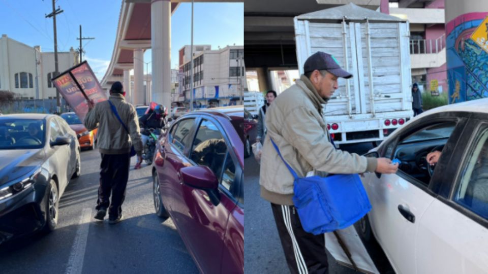 Alejandro se gana la vida y el sustento de su familia vendiendo botanas de temporada en los cruceros de Monterrey sin importar mucho las inclemencias del tiempo, como las de este frente frío.