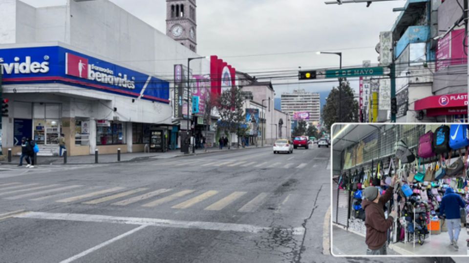 La Av. Juárez, de Monterrey, lució con poca afluencia durante este helado martes, por lo que muchos comercios se vieron orillados a cerrar más temprano de lo habitual por la falta de clientela.