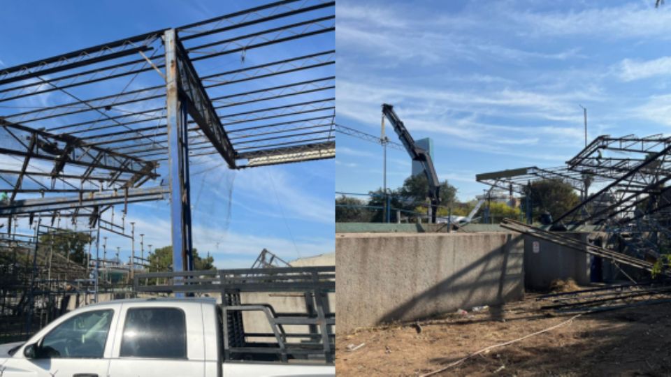 Las autoridades avanzan con el desmonte de la grada del campo de la Liga Pequeña de Béisbol, en el municipio de San Pedro Garza García.