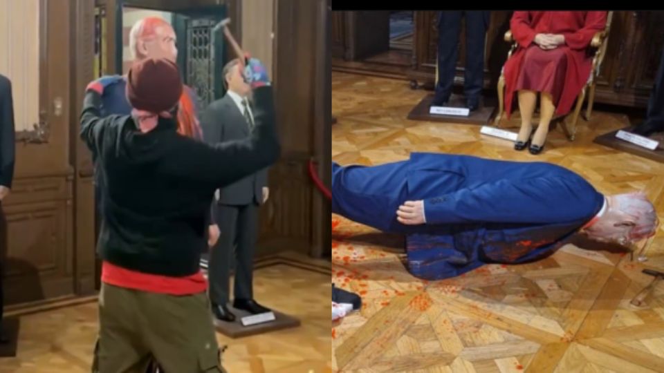 El activista también 'bañó' de pintura roja a la figura de Benjamin Netanyahu.