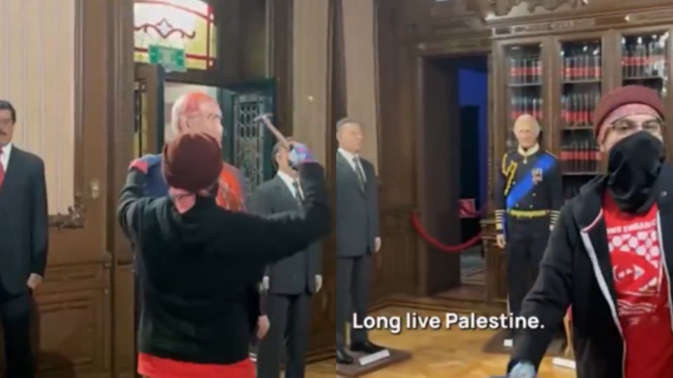 Momento en que activista destruye figura de Benjamín Netanyahu en el Museo de Cera de la Ciudad de México.