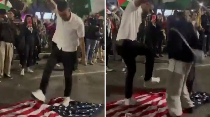 Mexicanos pro Palestina pisotean bandera de Estados Unidos en CDMX