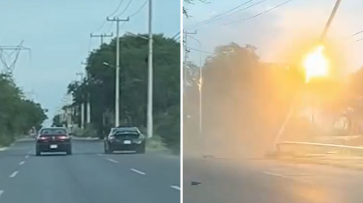 Por jugar arrancones, auto choca y derriba 3 postes de luz en Escobedo