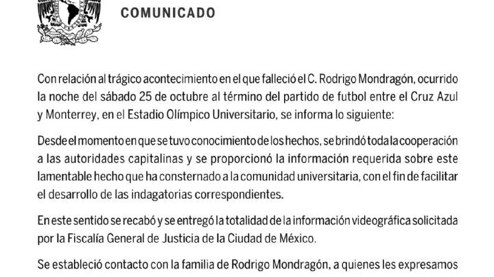 La UNAM afirma que colabora con Fiscalía tras muerte de estudiante en el Cruz Azul vs. Rayados