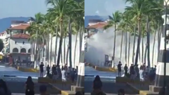 Fuertes olas del huracán Priscilla irrumpen en el malecón de Puerto Vallarta