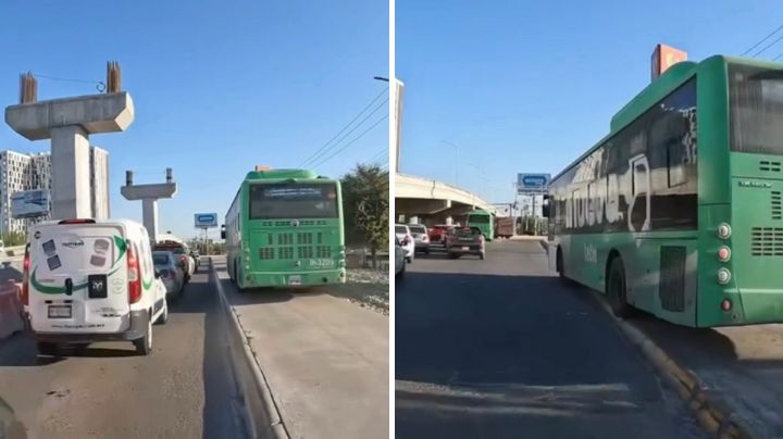 Video: Camión se adueña de banqueta y evade tráfico en Apodaca