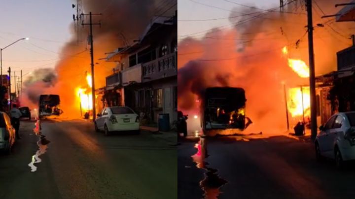 Se incendia transporte de personal en Apodaca; fuego llega a vivienda