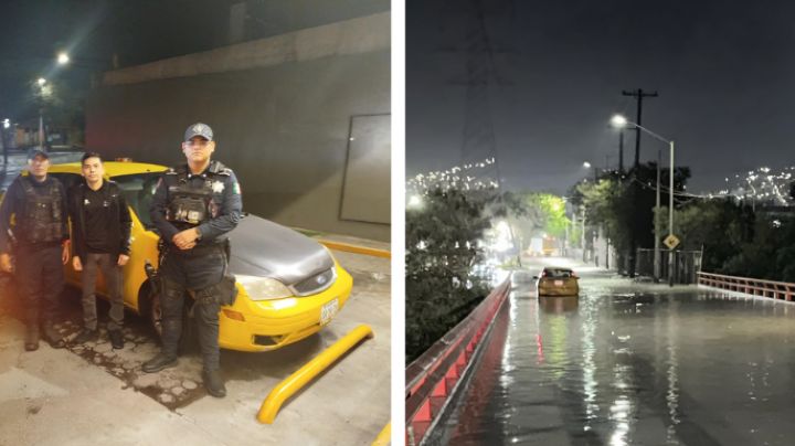 Conductor queda varado en mega fuga de agua en Guadalupe; lo rescatan policías