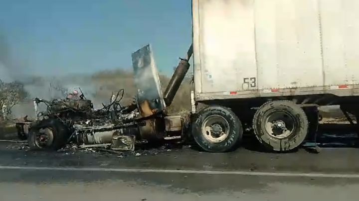 Tráiler se incendia y detiene circulación en la autopista Monterrey-Reynosa