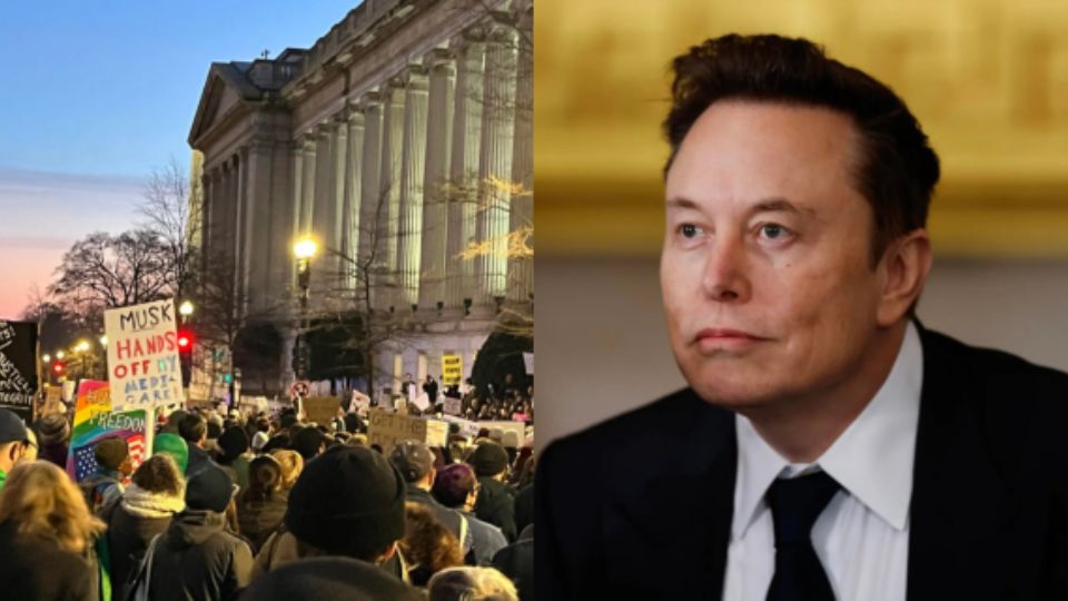 Cientos de personas protestaron frente al Departamento del Tesoro en Washington contra el rol que el magnate Elon Musk está desempeñando en la Administración del presidente Donald Trump.