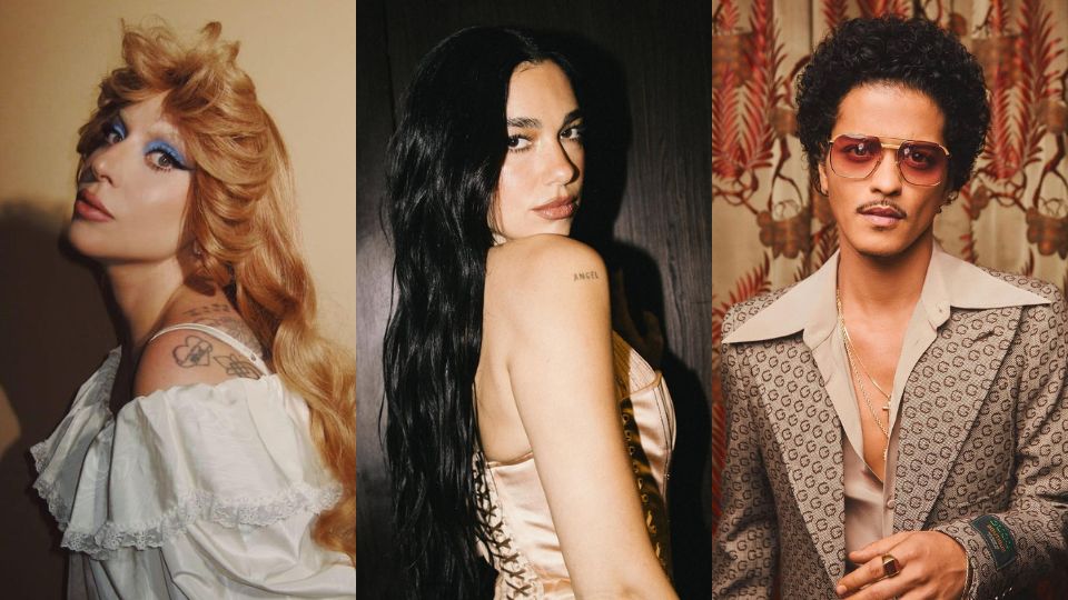 Lady Gaga (de izq. a der.), Dua Lipa y Bruno Mars tendrán conciertos en CDMX | Facebook / Lady Gaga | Facebook / Dua Lipa | Facebook / Bruno Mars