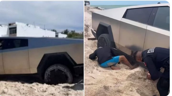 Cybertruck de Tesla queda atascada en playa de Yucatán