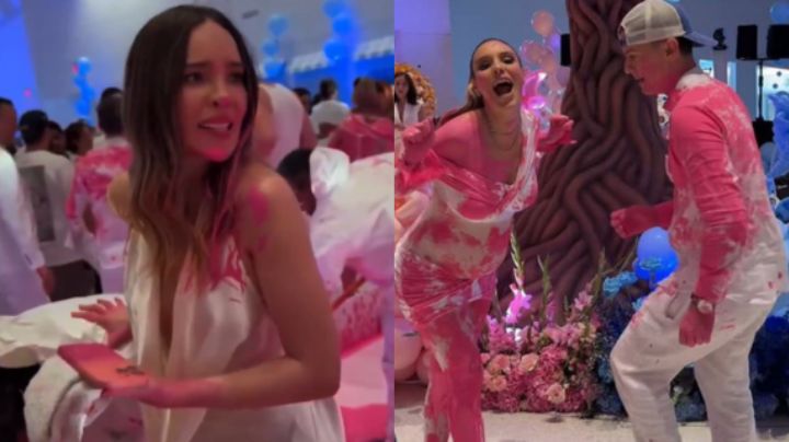Así reaccionó Belinda al mancharse de rosa en gender reveal de Lele Pons; 'hubiera escogido niño'