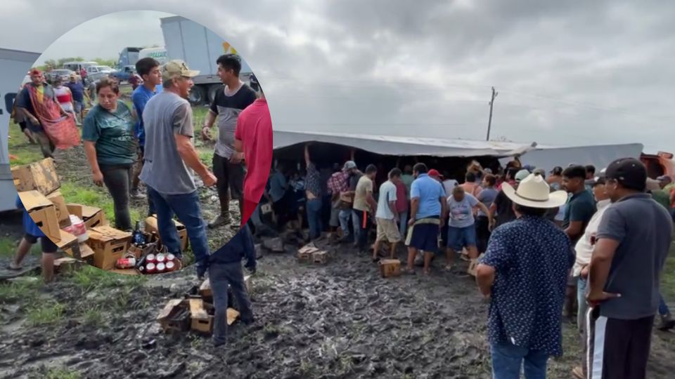 Rapiña de cerveza en Ciudad Victoria tras volcadura de tractocamión