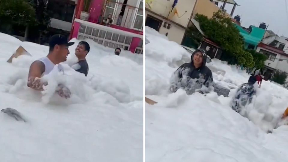 Vecinos de Naucalpan juegan con espuma tóxica