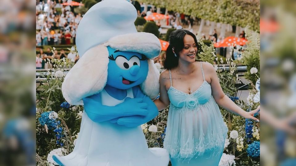 Rihanna luce radiante por su embarazo durante el preestreno de 'Los Pitufos'.