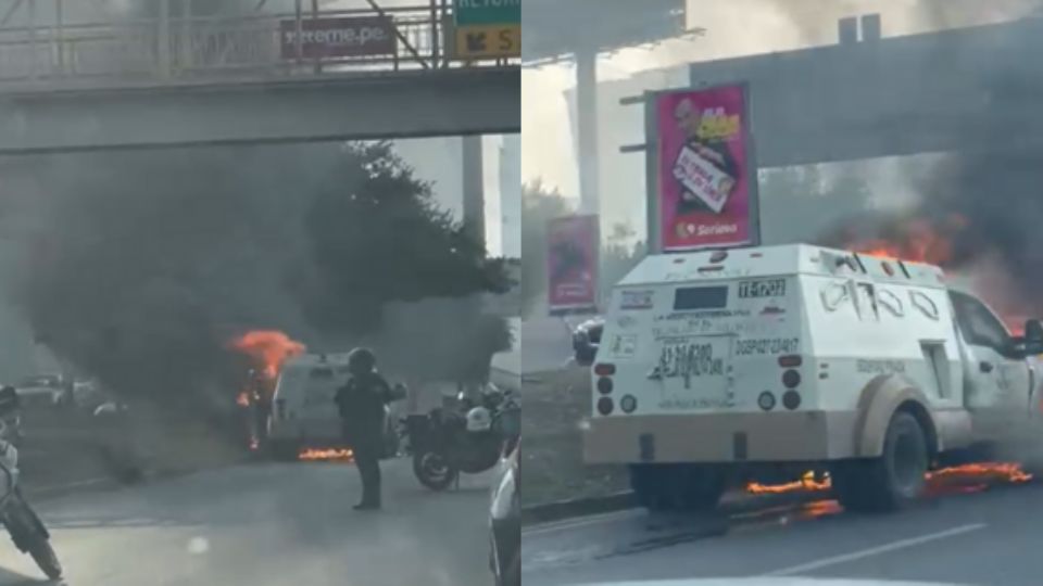 Momento del incendio del camión de valores.