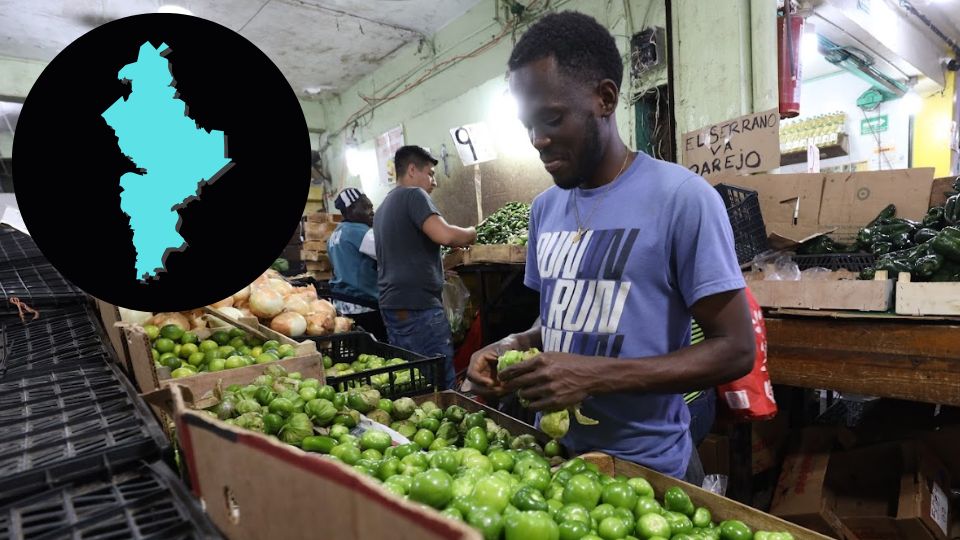 Joven migrante trabajando en frutería