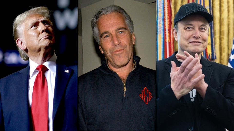 Donald Trump (de izq. a der.), Jeffrey Epstein y Elon Musk