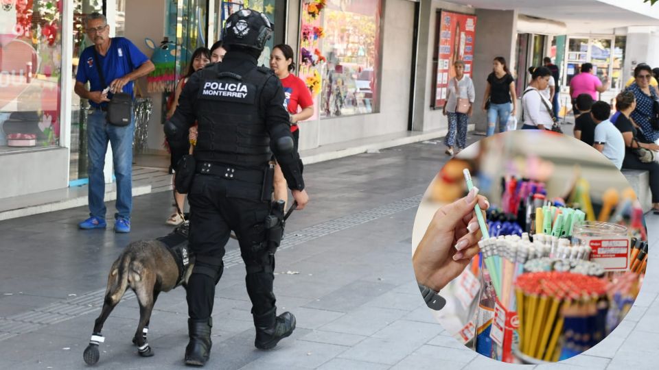 Policía y binomio canino en el centro de Monterrey