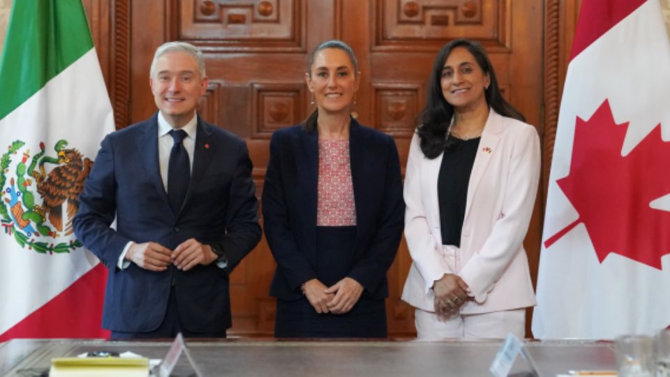 Claudia Sheinbaum y los ministros canadienses de Finanzas e Ingresos Nacionales, François-Philippe Champagne, y de Asuntos Exteriores, Anita Anand.