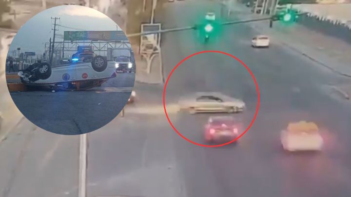 VIDEO: Auto se pasa semáforo en rojo y provoca volcadura de taxi en Santa Catarina