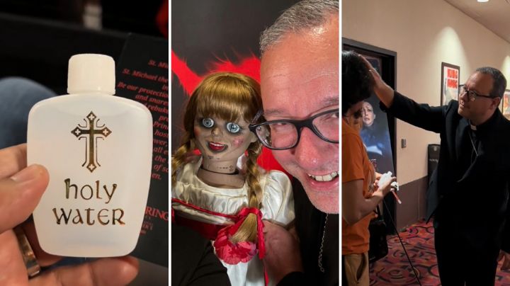 Sacerdote bendice y reparte agua bendita en premier de película El Conjuro 4