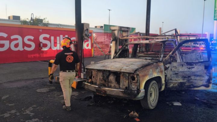 Se incendia camioneta en gasera de Zuazua; hay 2 heridos