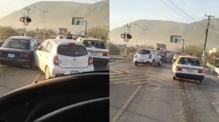 Automovilistas chocan y aceleran para ganarle el paso al tren, en Escobedo