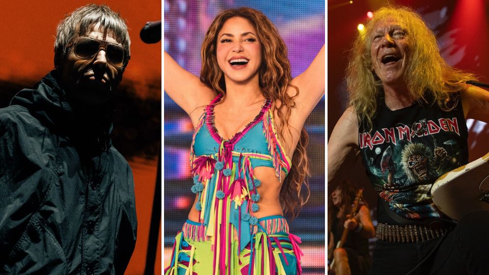 Liam Gallagher (primero de izquierda a derecha), Shakira y Janick Gers | Facebook / Oasis / Shakira / Iron Maiden