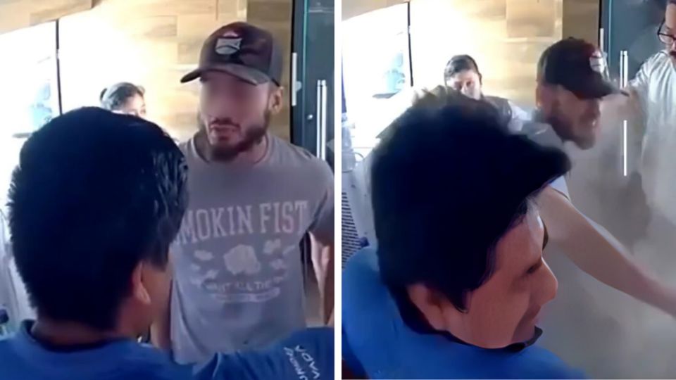 Momento en que hombre agrede a guardia de seguridad en Santa Catarina