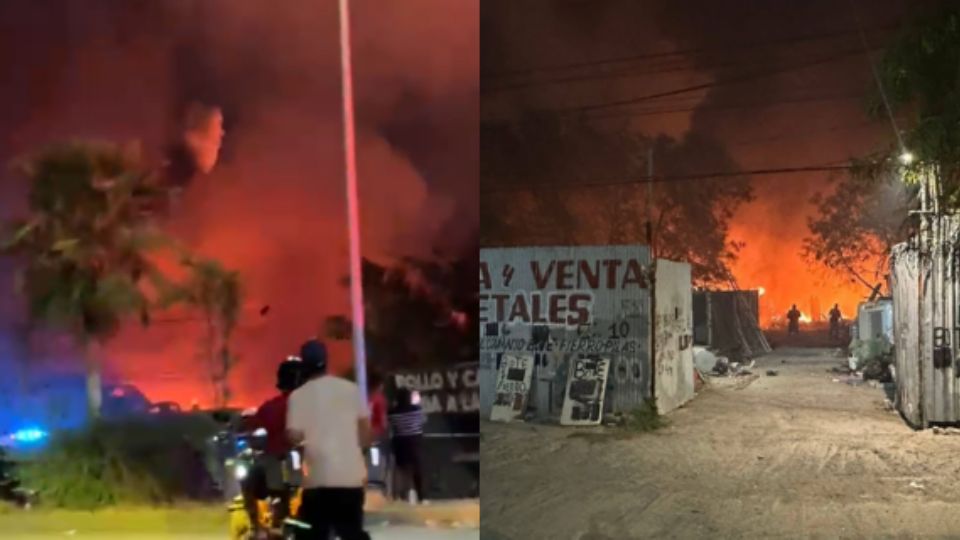 Fuerte incendio consume autos y llantas en lote de Juárez, Nuevo León.