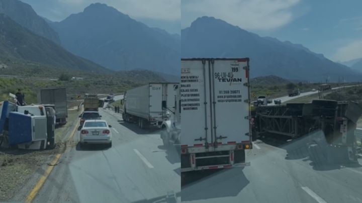 Tráiler vuelca en la carretera Monterrey - Saltillo; se genera tráfico lento