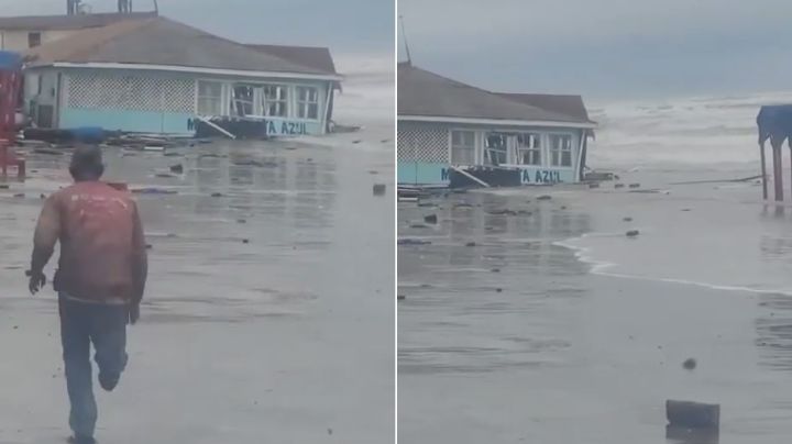 Colapsa restaurante de Playa Bagdad tras fuerte oleaje
