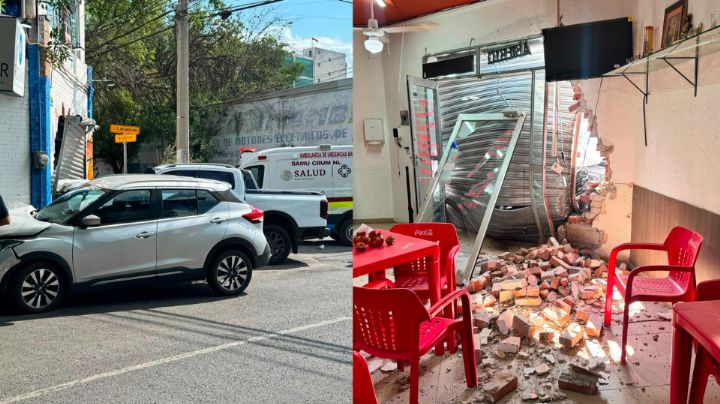 Impacta camioneta fachada de restaurante tras choque en el Centro de Monterrey