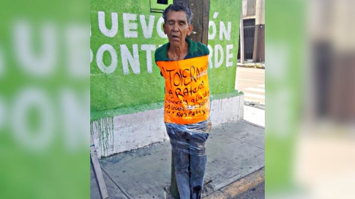 Hallan a presunto ladrón amarrado a poste en el centro de Monterrey