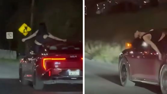 Captan a mujer bailando y sacando medio cuerpo de un auto en la Carretera Nacional
