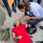 Auxilia Sheinbaum a mujer que se cayó durante un recorrido en SLP